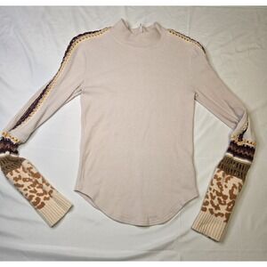 Free People Mock Neck Knit Thermal Patterned Crochet Sleeves Tan Med Women *PIC